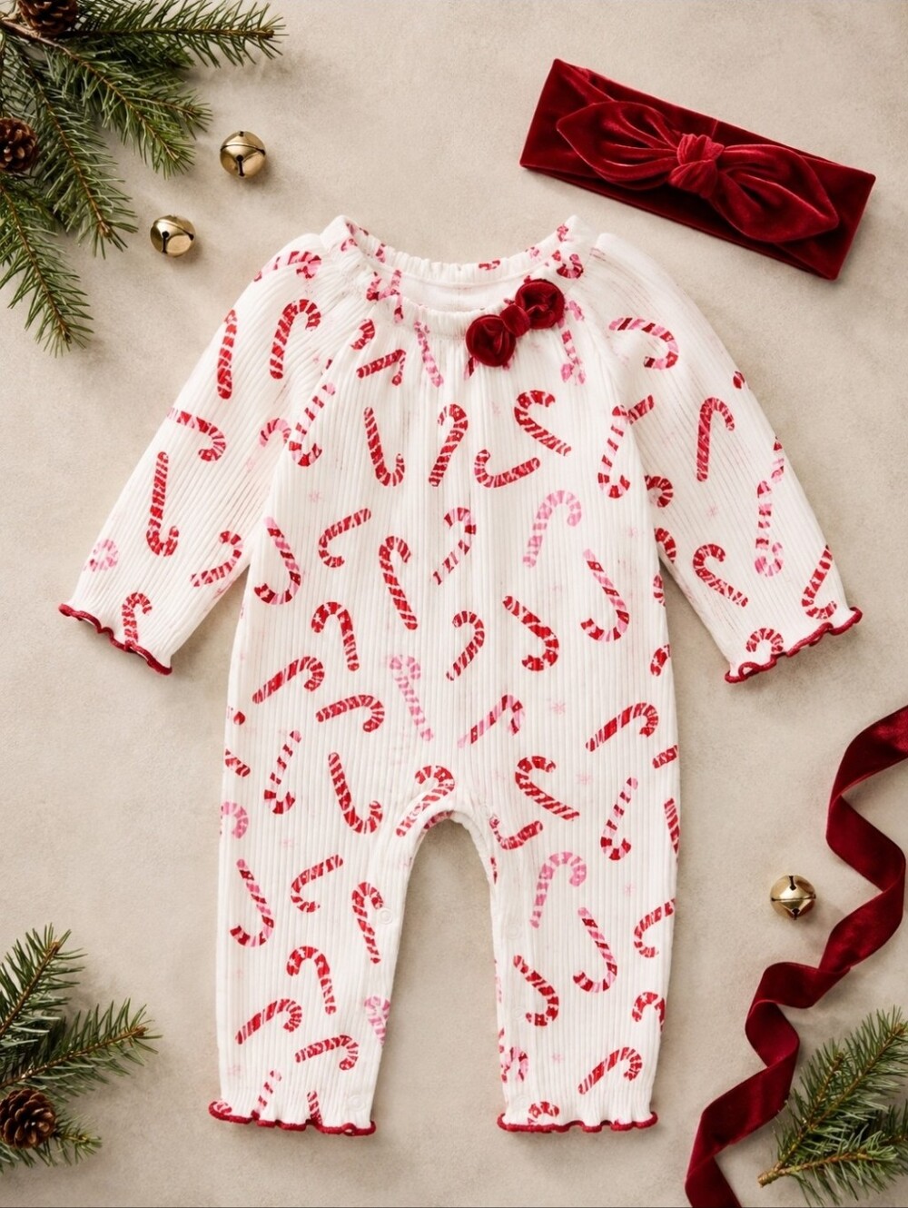 Mud Pie Candy Cane Baby Romper 9-12M Velvet Bow Headband NWT Christmas
